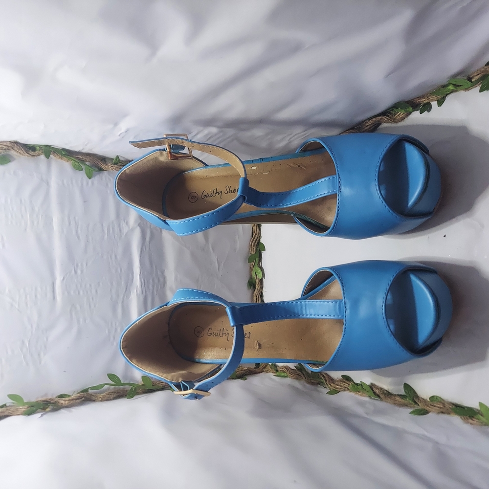 Blue Platform Sandals with Adjustable Ankle Strap